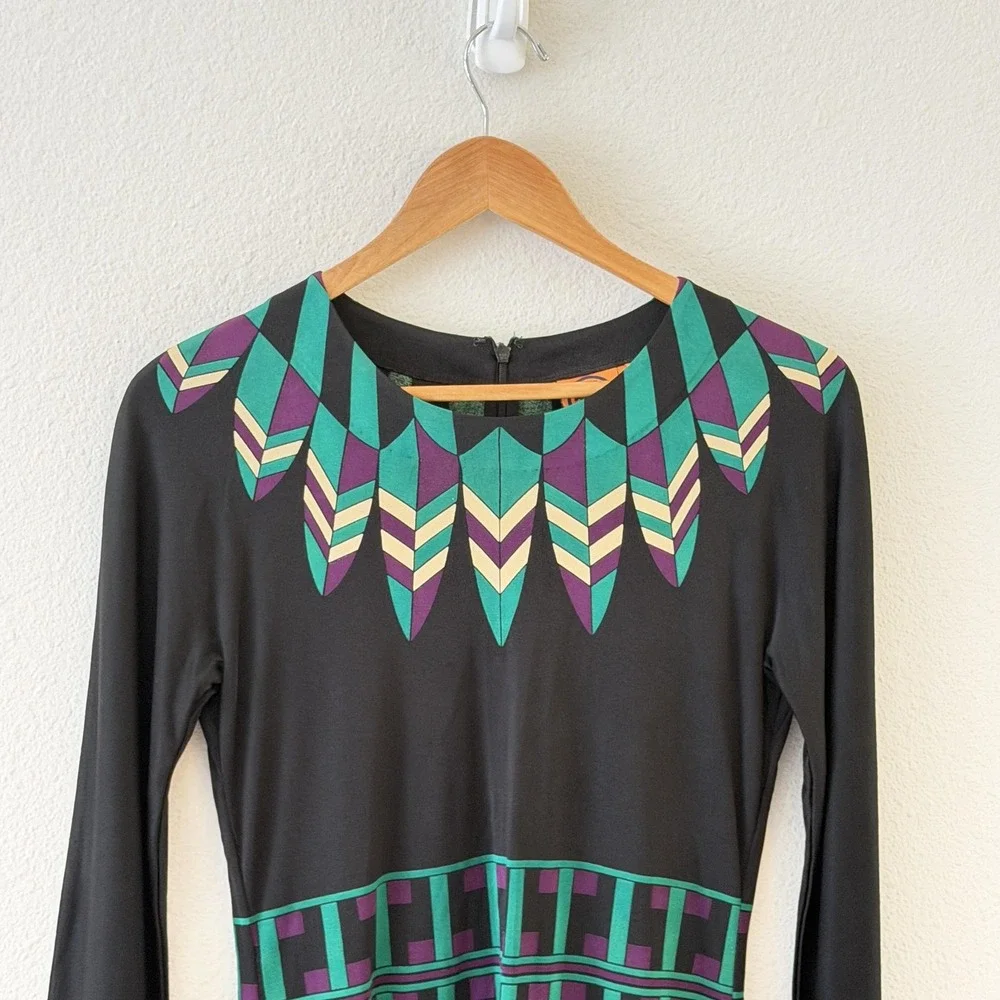 Tory Burch 100% Silk Dress Womens M Black Teal Geometric Aztec Resort Career